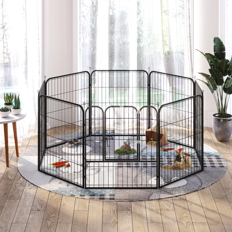 PawHut Recinto per Cani di Piccola Taglia a 8 Pannelli Modulabili da 80x1.5x80 cm, Box per Cani e Cuccioli Pieghevole con Porta in Acciaio con 8 Picchetti, Nero