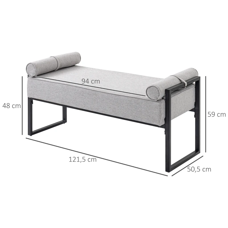 HOMCOM Banc bout de lit banquette assise rembourrée 2 oreillers cylindriques structure en acier 121,5 x 50,5 x 59 cm gris noir