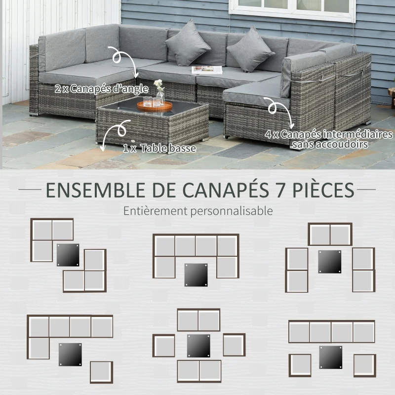 Outsunny Ensemble salon de jardin 7 pièces modulables table basse plateau verre trempé coussins déhoussables inclus gris
