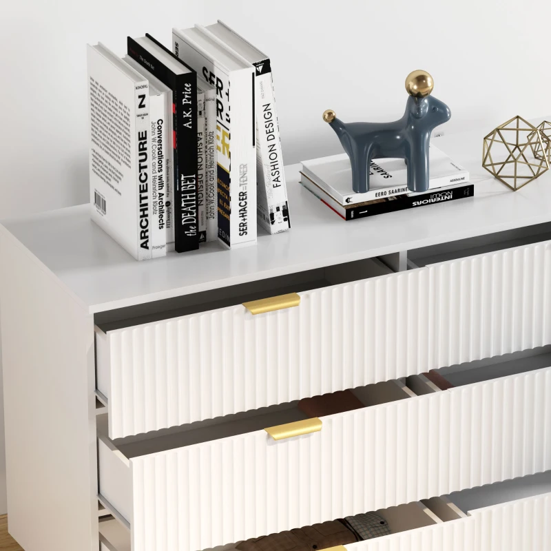 HOMCOM Commode 6 tiroirs commode chambre meuble de rangement moderne avec poignées et pieds dorés, 120 x 40 x 76,5 cm, blanc