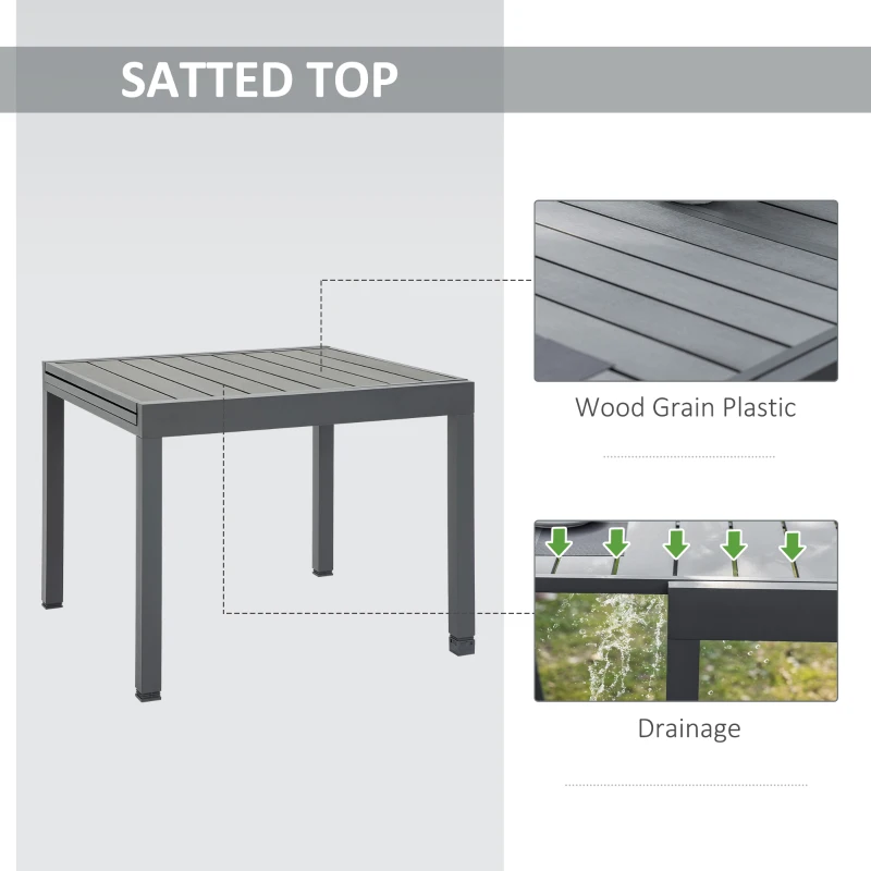 Outsunny Extendable Dining Table Outdoor Slat Table for 4-6 Person Rectangular Lawn Garden Bistro Patio Table with Aluminium Frame, 90-180cm x 90cm x 73cm, Grey
