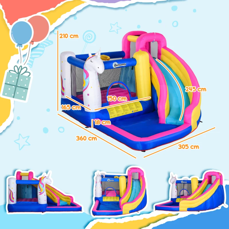 Outsunny Castillo Inflable Infantil en Forma de Unicornio con Tobogán Piscina Cama de Salto Inflador 360x305x210 cm Multicolor