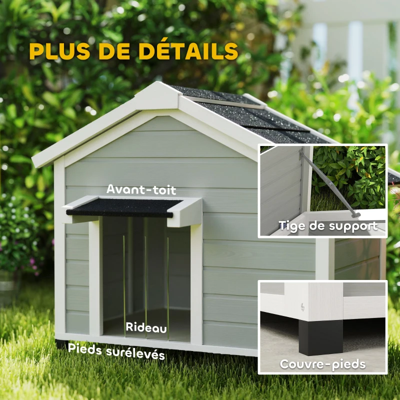PawHut Niche pour chien extérieur en bois massif maison chien avec toit ouvrable rideau de porte 95 x 68 x 76 cm gris clair