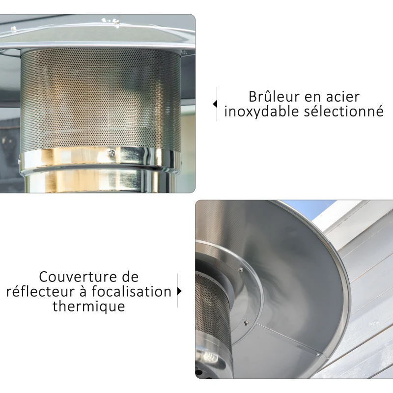Outsunny Parasol Chauffant 12,5 KW Chauffage d'extérieur gaz Chauffage de terrasse - Double sécurité - Puissance réglable - roulettes - détendeur et tuyau de gaz fournis Acier INOX. Gris