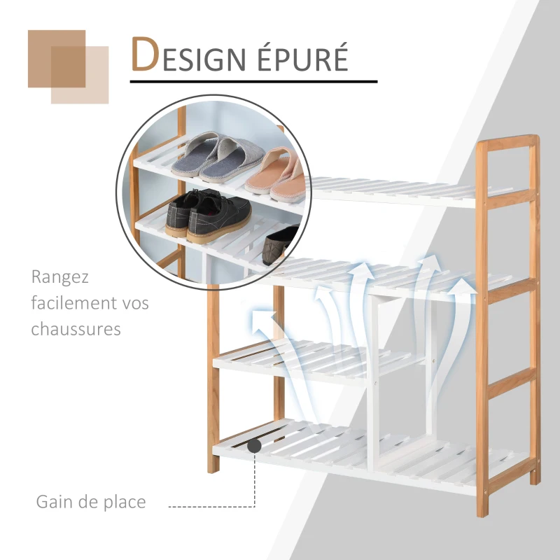 HOMCOM Etagère à Chaussures - étagère de Rangement - Meuble Chaussures 4 Niveaux Bois de pin étagères à Lattes MDF Blanc