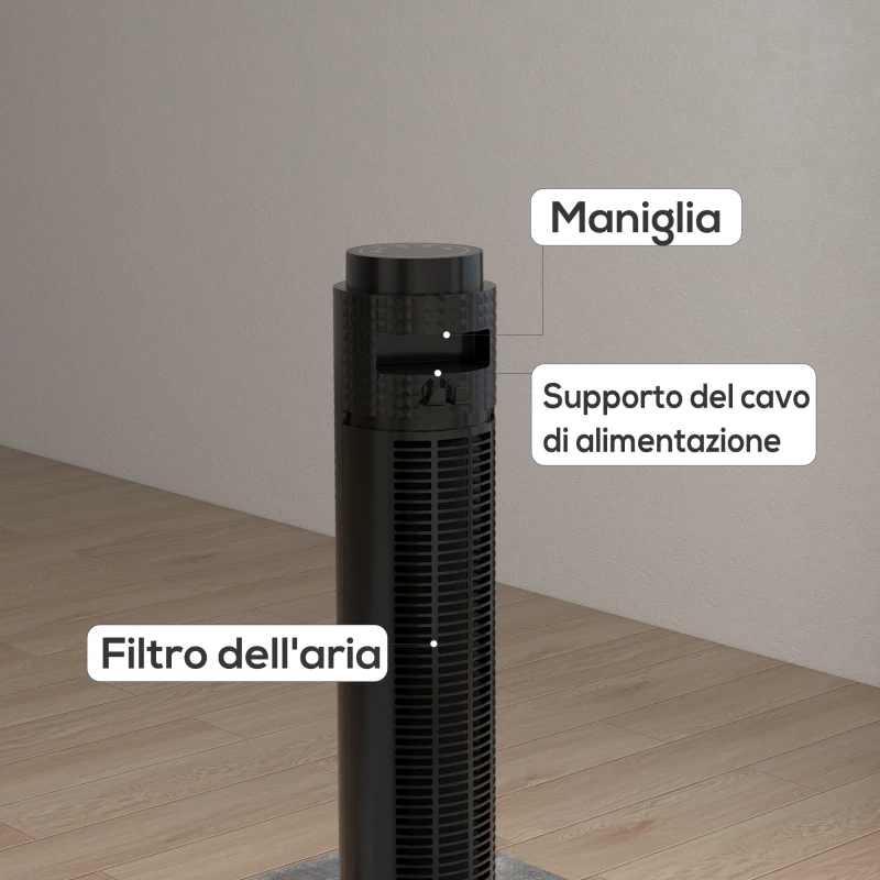 HOMCOM Ventilatore a Torre 45W a 4 Modalità e 3 Velocità con Timer da 12h, in ABS, Ø31.5x96 cm, Nero