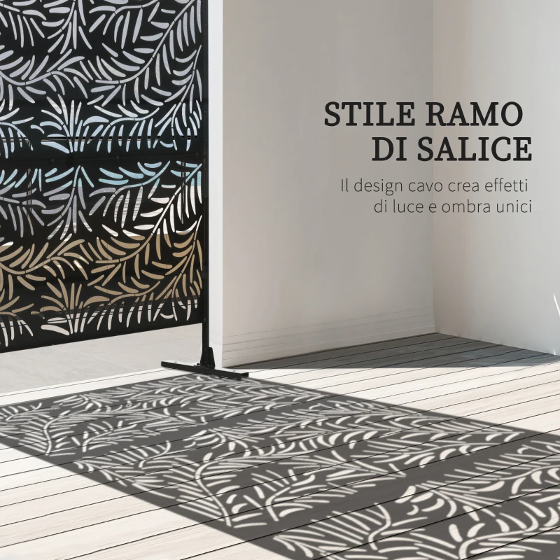Outsunny Paravento da Esterno in Acciaio con Motivi a Salice e 2 Piedini, 122x45x198 cm, Nero