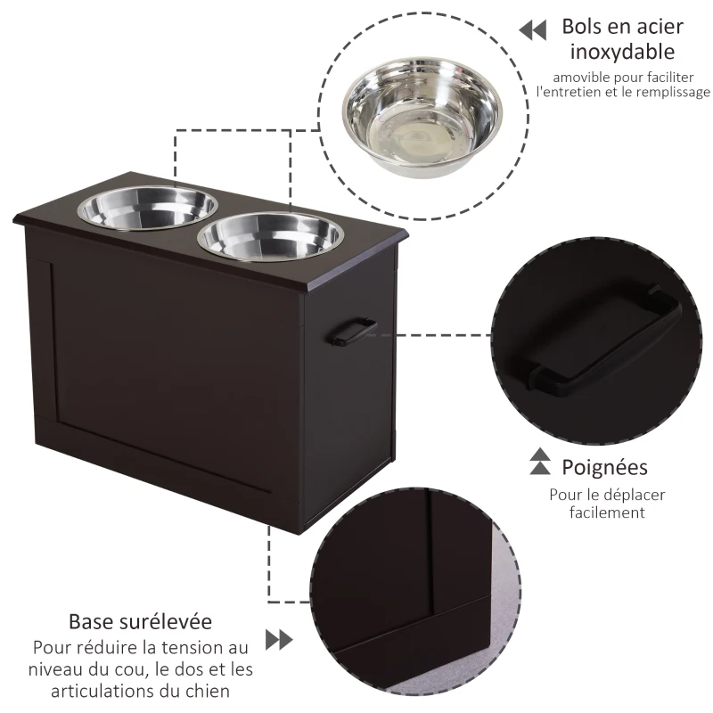 PawHut Gamelles chiens surélevées gamelle double chien chat Porte-gamelles surélevé dim. 60L x 30l x 41H cm 2 gamelles 2L poignées coffre bois chocolat