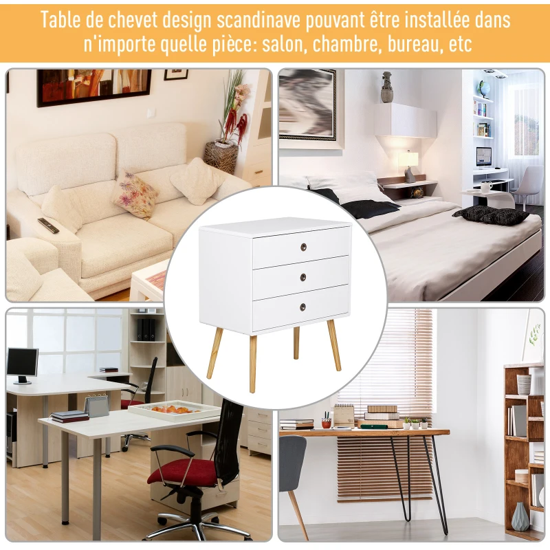 HOMCOM Commode meuble de rangement 3 tiroirs dim. 73L x 40l x 82H cm MDF blanc bois massif pin