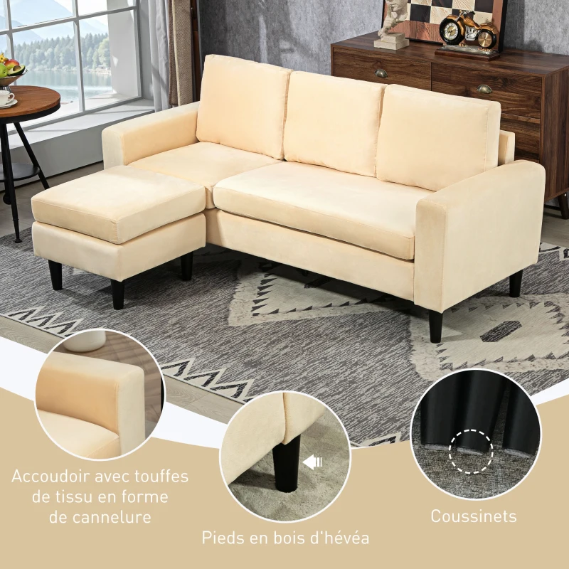 HOMCOM Canapé d'angle modulable avec pouf et 3 coussins, pieds en bois, tissu effet velours beige