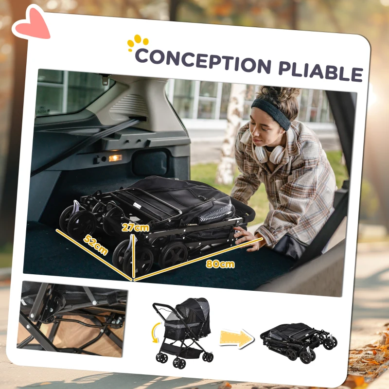 PawHut Poussette pour chien animaux de compagnie pliable 4 roues EVA guidon réglable panier 76,5 x 52 x 95 cm