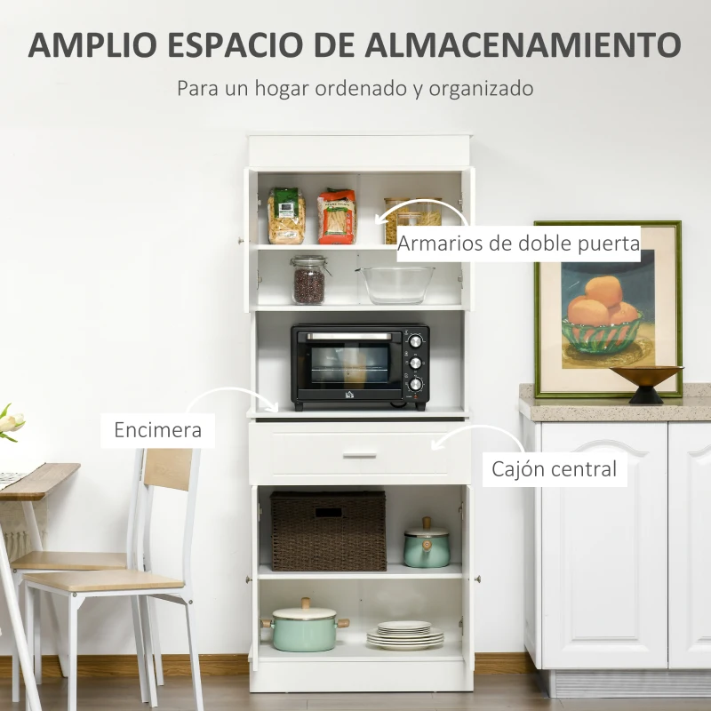 HOMCOM Mueble Auxiliar de Cocina Aparador Alacena con 1 Cajón 4 Puertas y Estantes Interiores Ajustables para Comedor Salón Antivuelco 74,3x39,4x183 cm Blanco