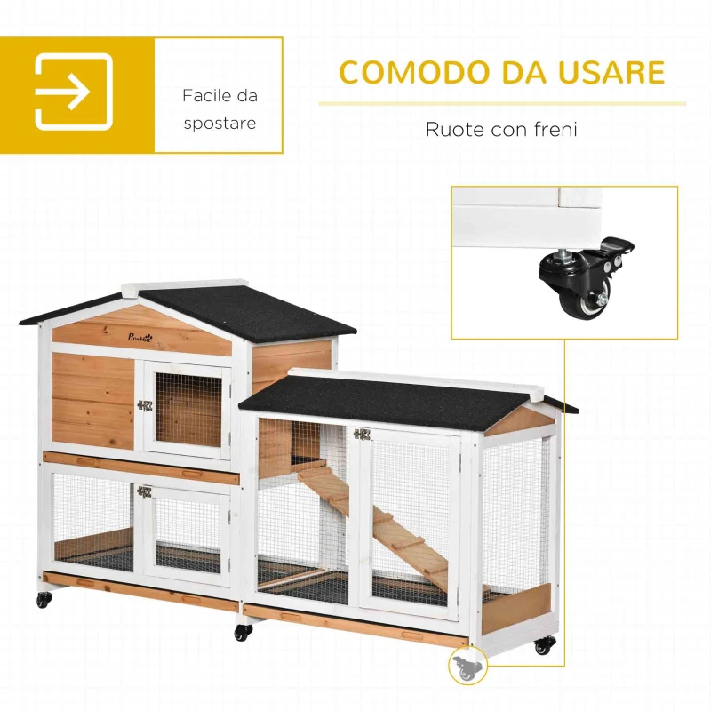 PawHut Conigliera a 2 Livelli con Rete Protettiva, in Legno, Metallo e Bitume, 157.4x53x99.5 cm, Giallo Bianco e Nero