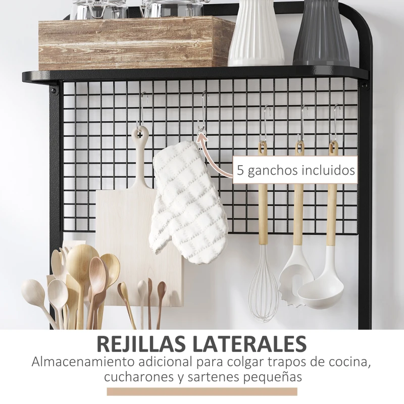 HOMCOM Estante de Cocina Plegable de 4 Niveles Estantería para Microondas con 5 Ganchos para Comedor 60x30x150 cm Negro