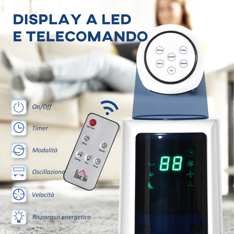 HOMCOM Ventilatore a Torre 50W a 3 Modalità e 3 Velocità con Timer da 12h, in ABS, Ø32x118.2 cm, Bianco