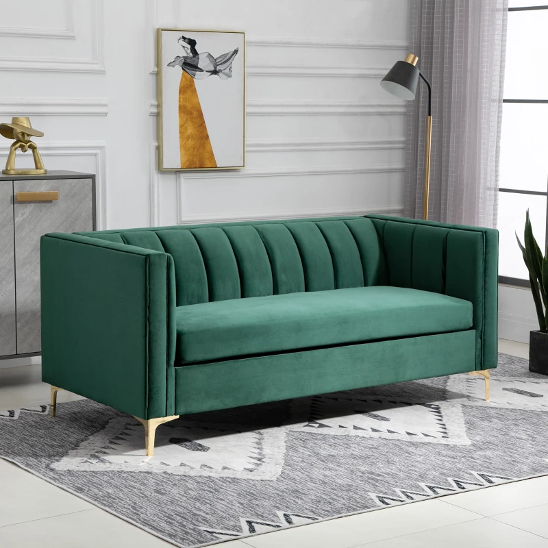 HOMCOM Canapé 3 Places Style Art Déco piètement Acier doré revêtement Velours Vert Sapin
