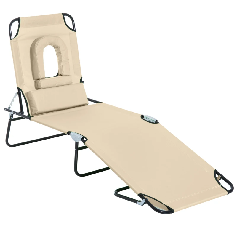Outsunny Outdoor Folding Sun Lounger with Face Hole, 4 Level Adjustable Backrest Reclining Garden Lounger, Garden Recliner Sunbed with 600 D Oxford Cloth Seat and Pillow for Beach, Beige
