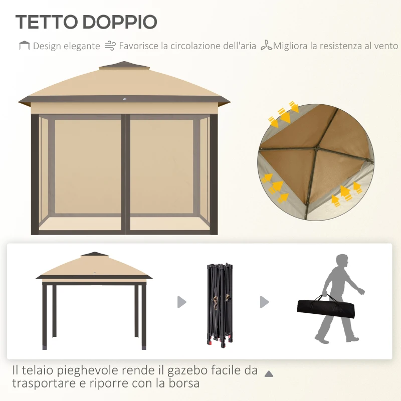 Outsunny Gazebo Pieghevole 3.3x3.3 m con Zanzariera, Doppio Tettuccio e Borsa da Trasporto, Beige