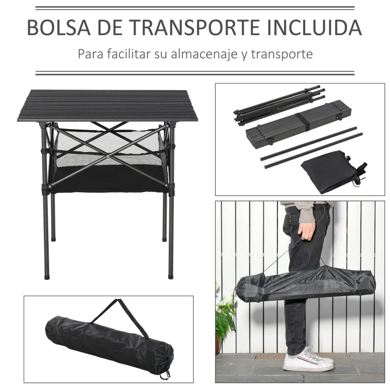 Outsunny Mesa de Camping Plegable con Almacenaje de Malla y Bolsa de Transporte para Exterior Jardín y Picnic 70x70x69 cm Negro