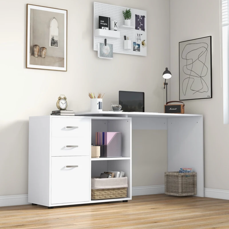 HOMCOM L Shaped Computer Desk, Reversible Home Office Desk with Drawers, File Cabinet and Storage Shelves, Study Table, 117 x 83.5 x 76cm, White