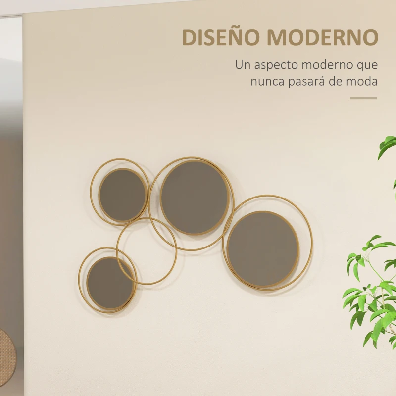 HOMCOM Espejo Decorativo de Pared de Metal 3D Decoración con 4 Espejos Redondos para Salón Dormitorio Pasillo 110x68 cm Dorado