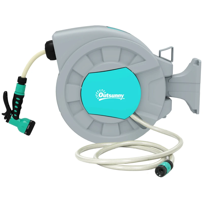 Outsunny Avvolgitubo Automatico a Parete e Portatile Lunghezza 25+2 m, Sistema di Blocco e 7 Getti, Grigio
