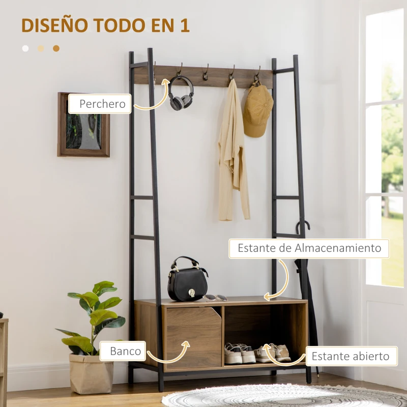 HOMCOM Perchero con Zapatero y Banco Mueble Recibidor con 5 Ganchos para Pasillo Entrada 84x40x169 cm Marrón Rústico