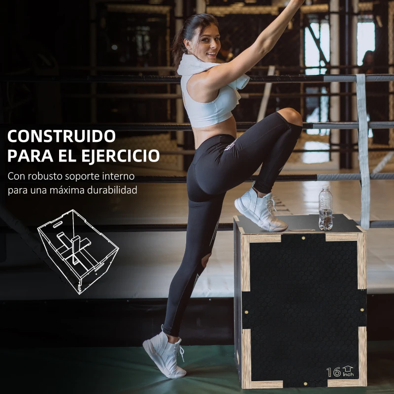 SPORTNOW Cajón de Salto Pliométrico de Madera con Mangos Huecos Carga 120 kg para Casa Oficina Gimnasia 40,5x35,5x30,5 cm Negro