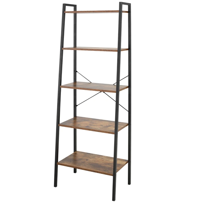 HOMCOM Estantería de Estilo Industrial en Forma de Escalera con 5 Baldas con Marco de Metal para Sala de Estar Dormitorio Cocina Oficina 56x34x160 cm Marrón Rústico