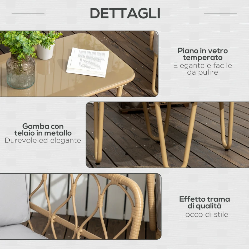 Outsunny Salotto da Giardino in Rattan Stile Boho con Divano 2 Posti, 2 Poltrone e Tavolino con Vetro