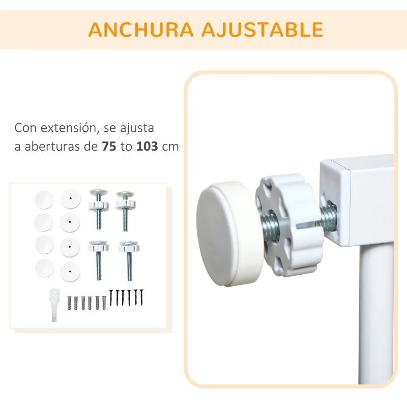 PawHut Barrera de Seguridad para Perros Extensible 75-103 cm Barrera Escaleras Puertas con Extensiones Cierre Automático Blanco