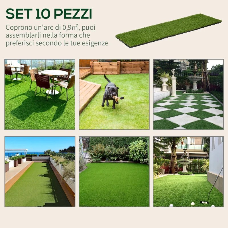 Outsunny Piastrelle da Giardino con Erba Sintetica 30x30cm 10 Pezzi, Prato Artificiale Densità 6500, Verde