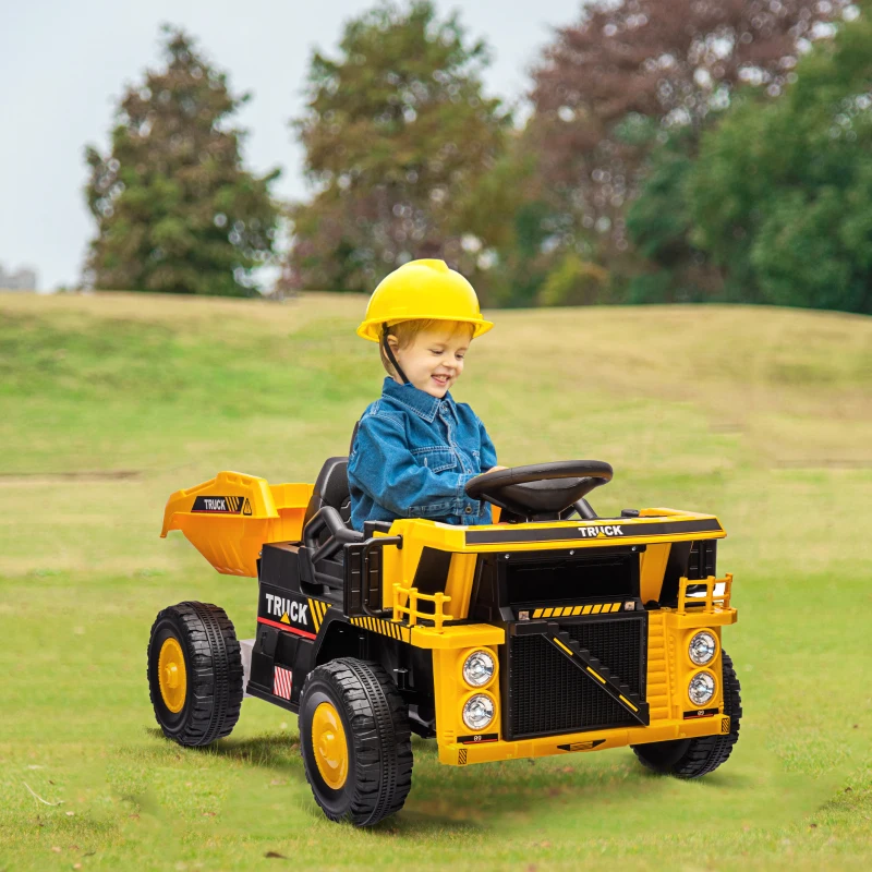 AIYAPLAY Camion per Bambini 3-5 Anni con Motore 12V, Macchina Elettrica per Bambini con Musica e Fari, Giallo