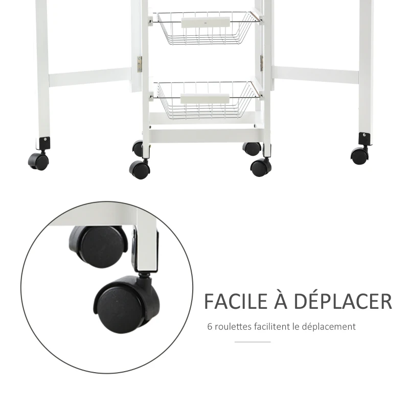 HOMCOM Chariot de service desserte de cuisine à roulettes multi-rangements 3 paniers métal + tiroir + rallonges MDF blanc chêne clair