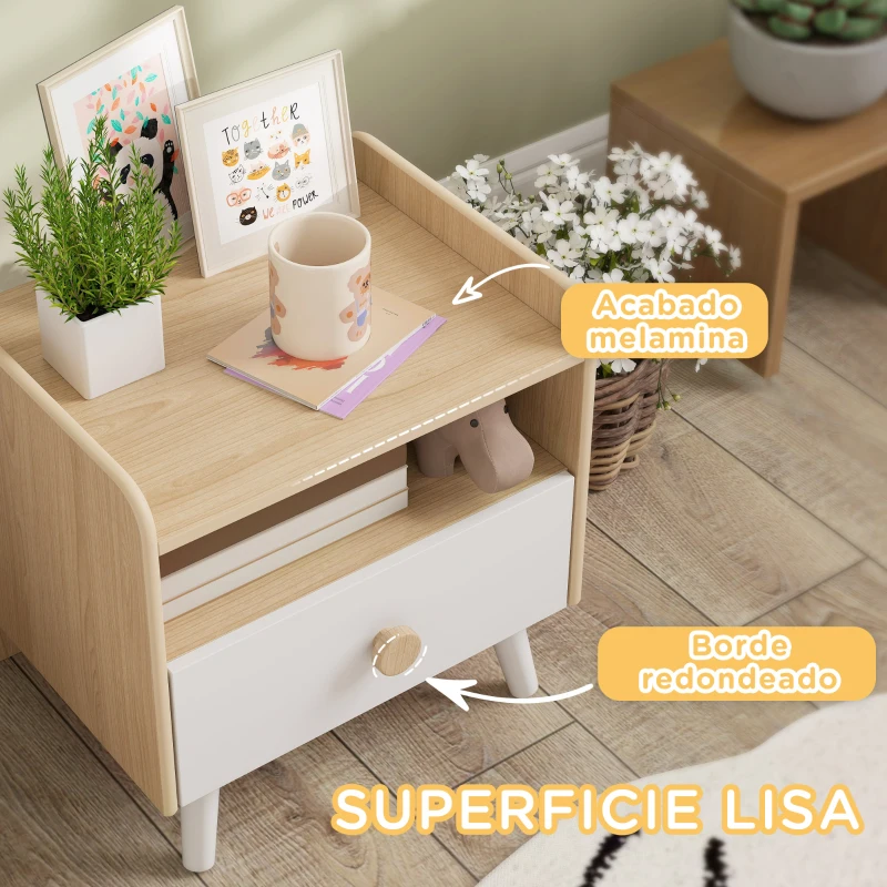AIYAPLAY Mesita de Noche para Niños de +3 Años con Cajón y Bordes Redondeados para Dormitorio Roble y Blanco