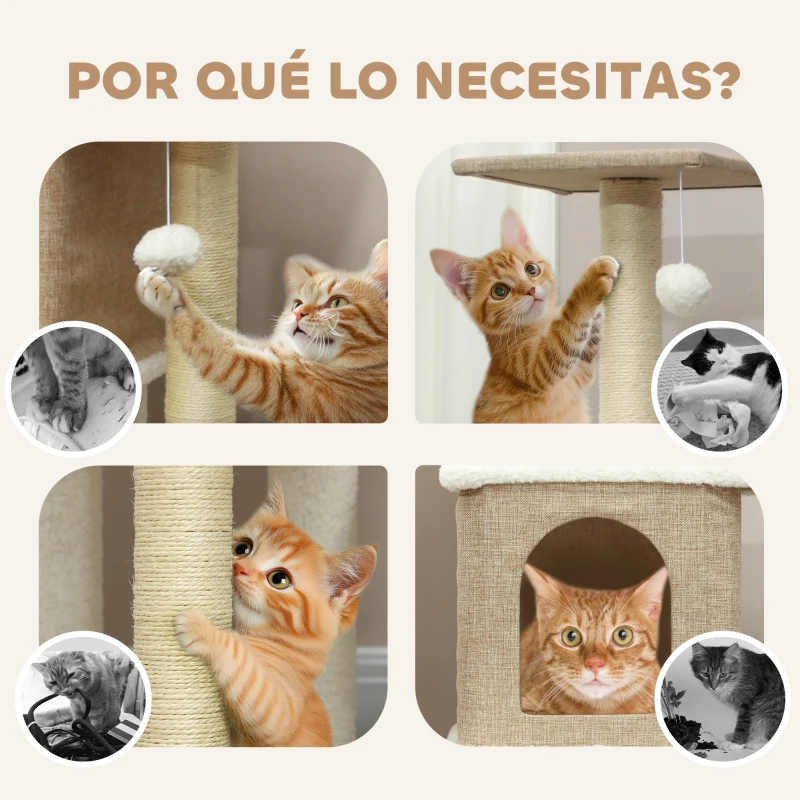 PawHut Árbol Rascador para Gatos de Borreguito de 140 cm con 2 Cuevas Plataformas Bolas Colgantes y Poste de Sisal Marrón Claro