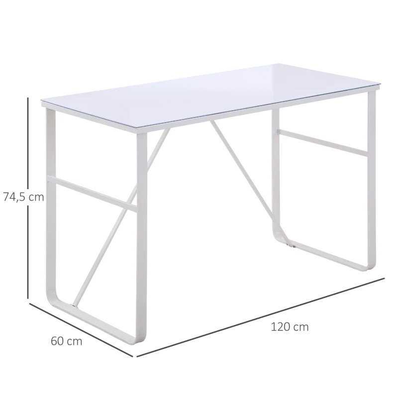 HOMCOM Escritorio Mesa de Ordenador 120x60x74,5 cm con Tablero de Vidrio Templado y Patas de Metal Carga 80 kg Estilo Moderno para Oficina Estudio Dormitorio Blanco