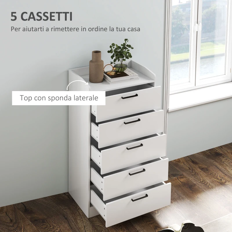 HOMCOM Cassettiera 5 Cassetti in Legno con Maniglie in Acciaio, 60x40x114 cm, Bianco