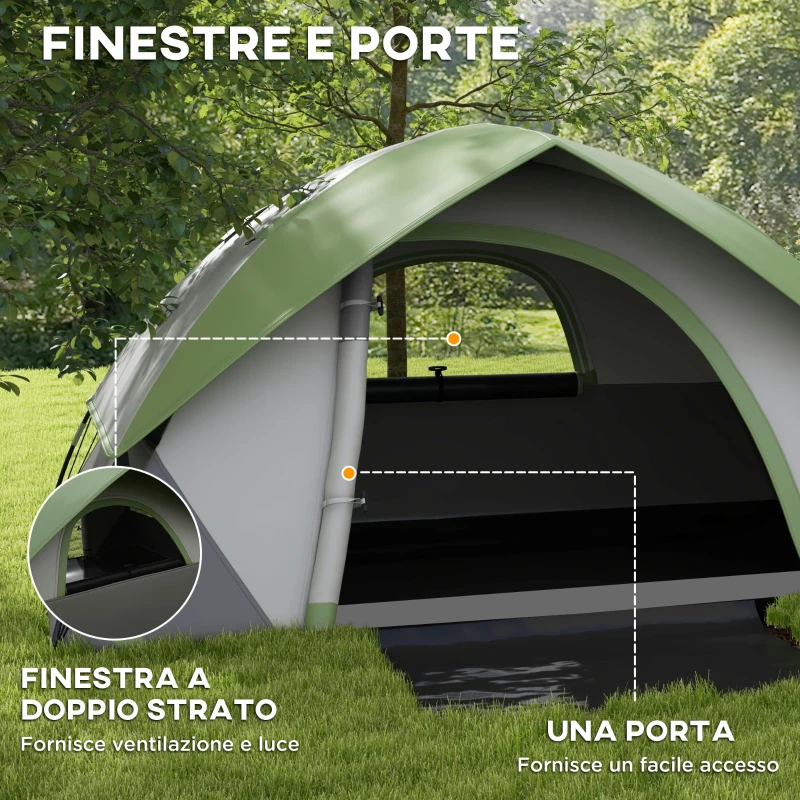 Outsunny Tenda da Campeggio 2 Posti con Finestra a Rete, in Poliestere, Fibra di Vetro e PE, 210x150x110 cm, Grigio e Verde