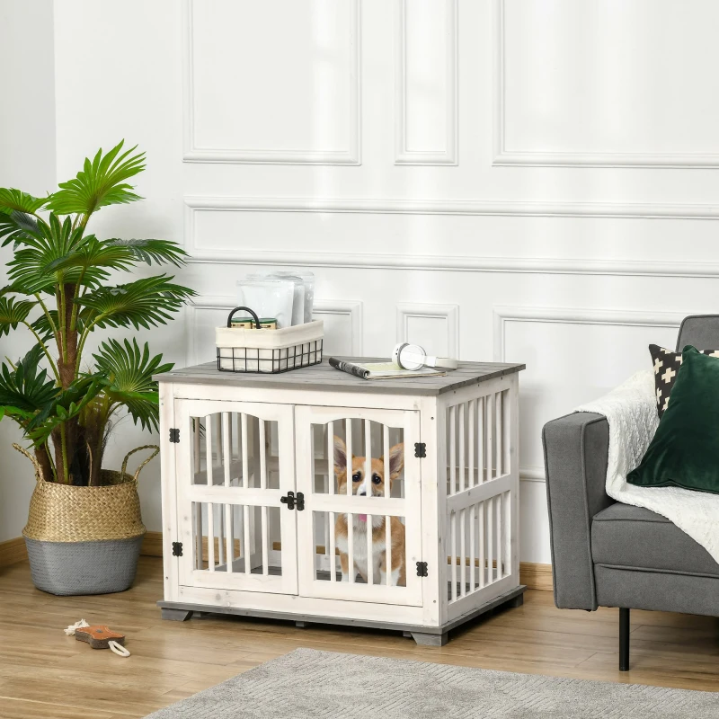 PawHut Wooden Dog Crate Furniture Pet Kennel Cage End Table for Small Medium Dogs, Indoor, White, 85.5 x 59.5 x 68 cm