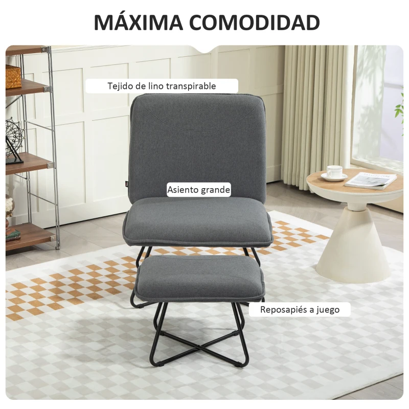 HOMCOM Butaca con Reposapiés Sillón para Lectura con Patas de Acero en Forma de Cruz Gris Oscuro