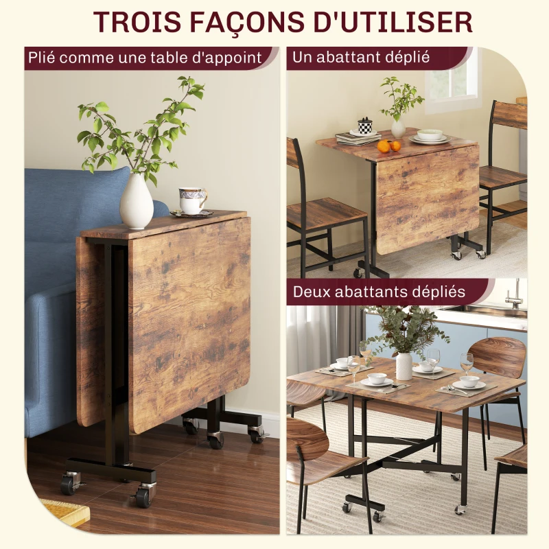 HOMCOM Table pliante cuisine table à manger pliable avec 2 abattants 6 roues pour 4-6 personnes 120 x 80 x 73 cm, brun rustique