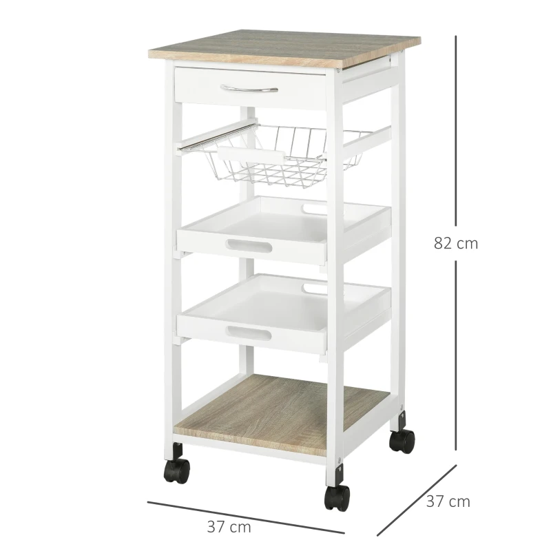 HOMCOM Chariot de service desserte de cuisine à roulettes panier + 2 plateaux amovibles, tiroir, étagère MDF chêne clair bois pin blanc