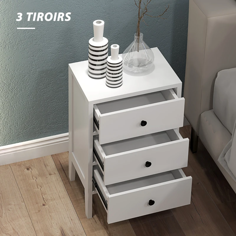HOMCOM Lot de 2 tables de chevet, tables d'appoint, 3 tiroirs pour chambre en bois 40L x 30l x 64H cm blanc