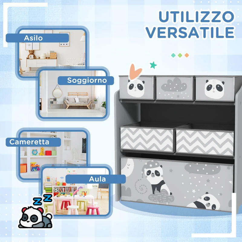 ZONEKIZ Scaffale Portagiochi per Bambini con 6 Contenitori Rimovibili in Tessuto, 63x30x66cm, Grigio