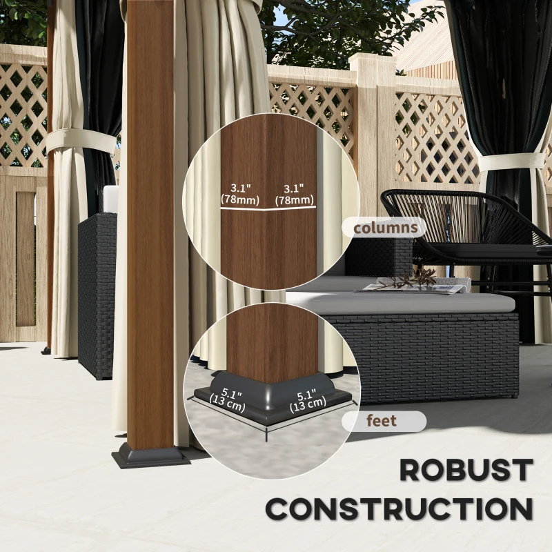 Outsunny 3 x 3(m) Hardtop Gazebo with Galvanised Steel Roof and Water Gutter, Waterproof Permanent Pavilion Garden Gazebo with Netting and Curtains for Patio, Deck, Walnut Wood Finish