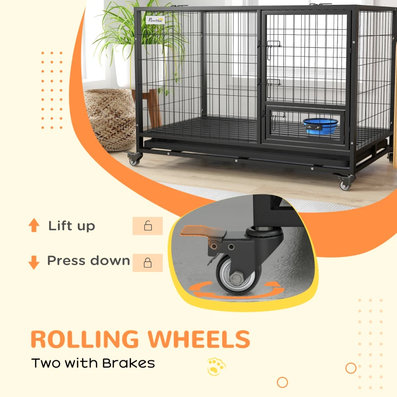 PawHut Heavy Duty Dog Crate on Wheels w/ Bowl Holder, Removable Tray, Openable Top, Detachable Door, for L, XL Dogs