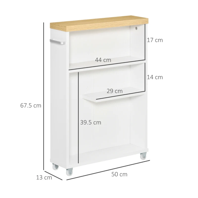 kleankin Carrello Portaoggetti per il Bagno Stretto 13cm, Cassettiera con Mensole e 4 Ruote in Legno Bianco 50x13x67.5cm
