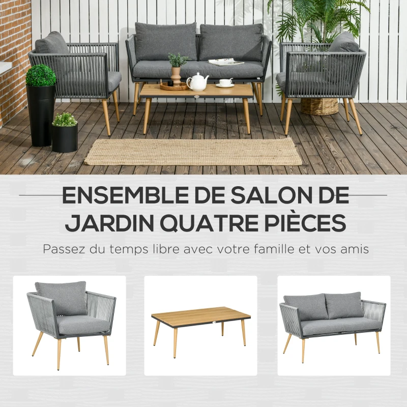 Outsunny Salon de Jardin en résine tressée 4 places avec 1 canapé 2 fauteuils et 1 table basse 7 coussins inclus gris