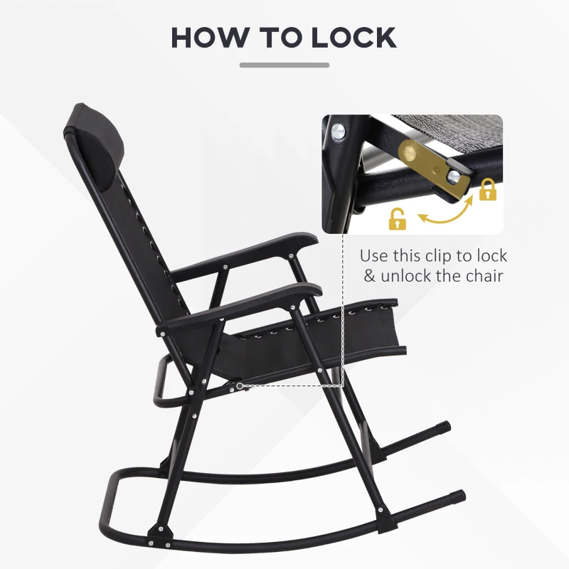 Outsunny Garden Rocking Chair Folding Outdoor Adjustable Rocker Zero-Gravity Seat with Headrest Camping Fishing Patio Deck, 90 x 64 x 110 cm - Black
